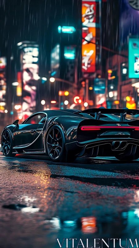 Hypercar rear profile in neon‑lit rainy urban streetscape.