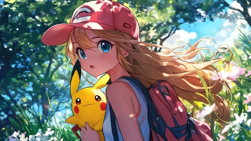 Anime girl with red cap and Pikachu plush in forest scene.