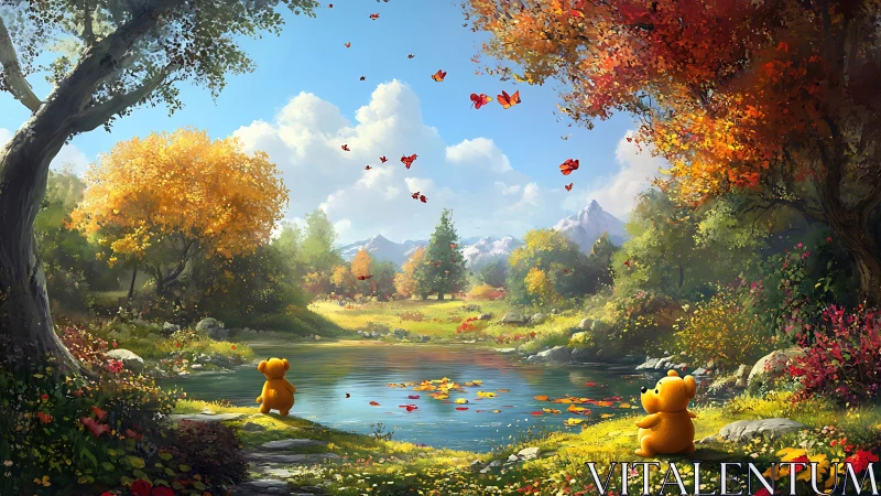 Cartoon bears by forest pond under bright autumn foliage.
