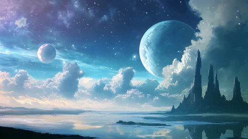 Twin moons rise above ethereal alien sea and crystal spires