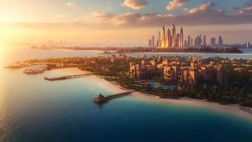 Coastal resort complex with offshore skyline at sunset.