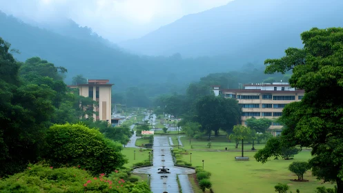 Misty campus pathway winding through lush green hills.