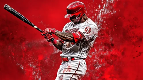 Powerful baseball swing erupts in bold red energy
