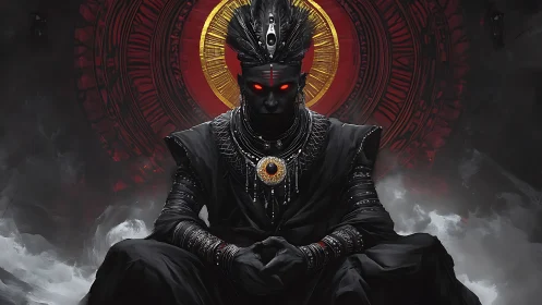 Dark enthroned deity rendered in high-contrast digital chiaroscuro