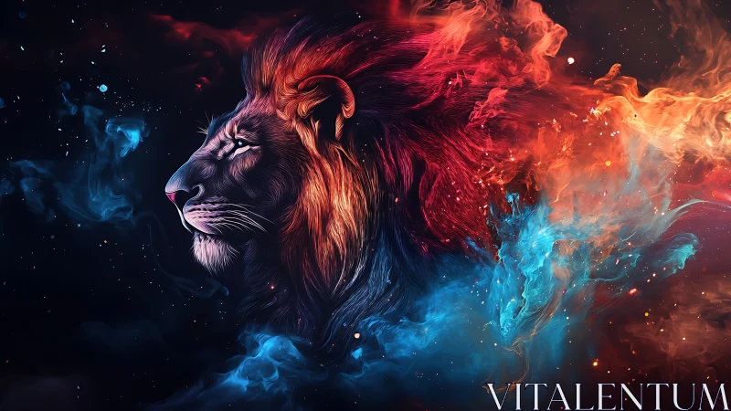 Cosmic lion profile merges fiery red and cool blue nebulae