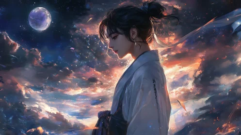Moonlit sky-walker draped in twilight clouds and memory.