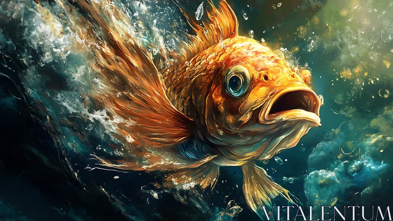 Golden koi surges through swirling teal waves in motion.