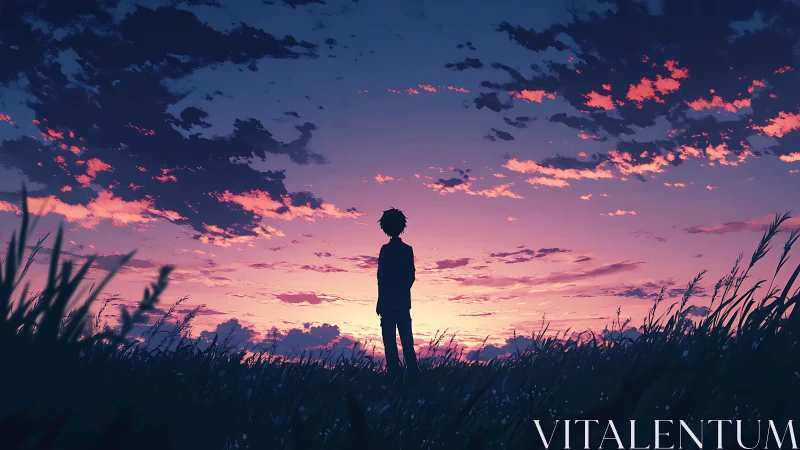 Silhouetted lone figure studies chromatic twilight sky