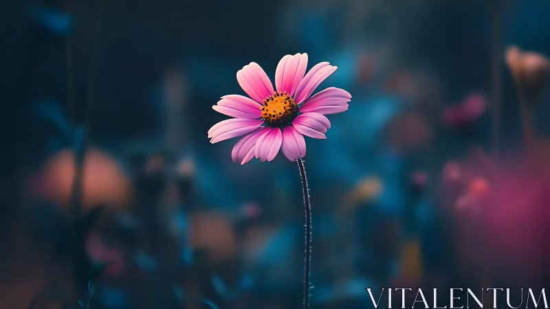 Pink daisy with yellow center against blurred blue background.