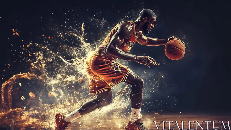 Basketball player dribbling with dynamic splash effects.