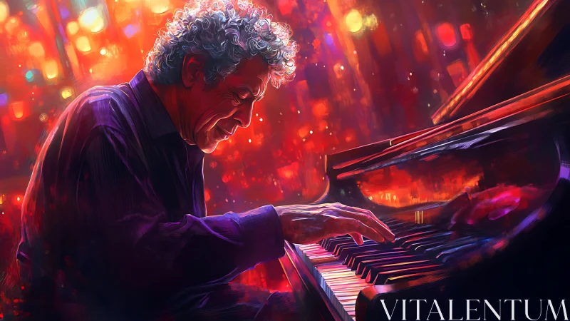 Elderly jazz pianist plays under saturated neon bokeh glow