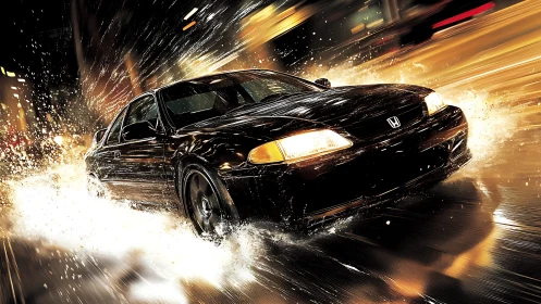 Midnight black sedan slicing through neon city rainstorm.