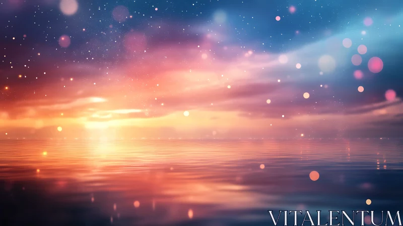 Dreamy twilight sea with glowing pastel sky and lights.