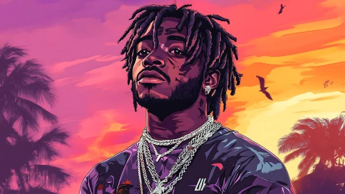 Vector portrait of rapper against neon gradient sunset sky background