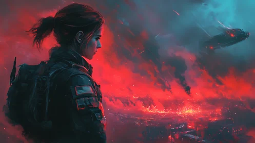 Tactical soldier overlooking burning futuristic city at dusk