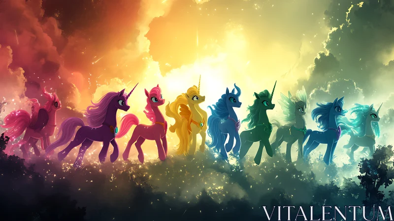 Radiant unicorn procession crossing a glowing fantasy sky.