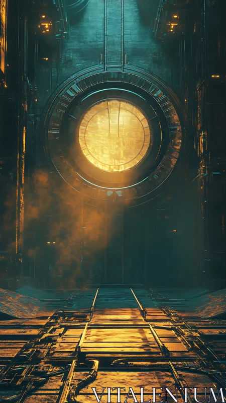 Cyberpunk vault door under molten industrial light portal.