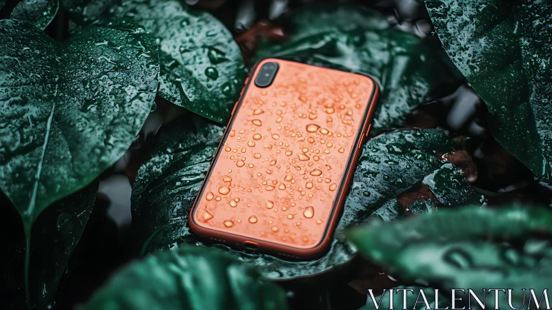 Vibrant Coral Phone Rests on Glistening Green Garden Leaves