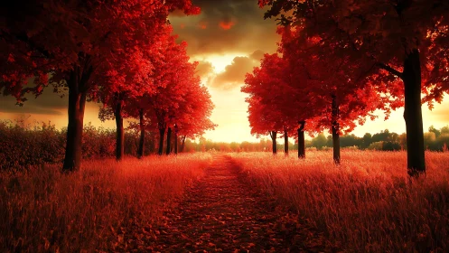 Fiery autumn alley under glowing sunset sky pathway.