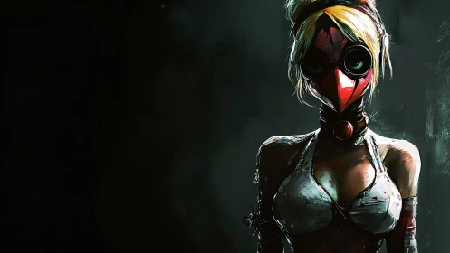 Masked plague nurse in bloodstained cyberpunk attire.