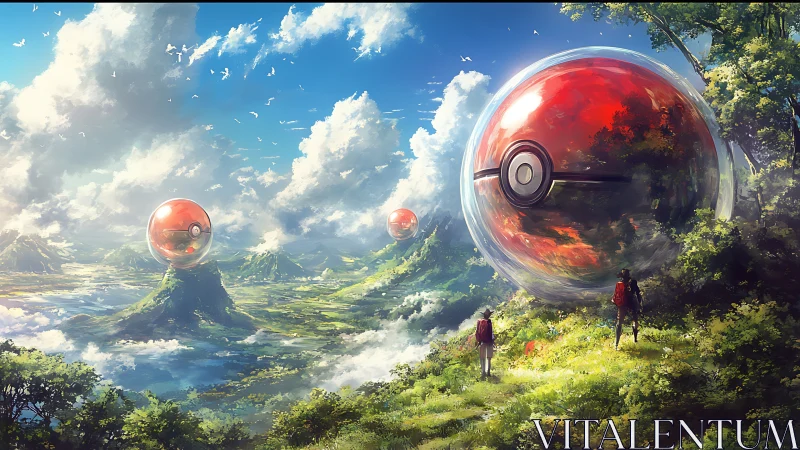 Colossal red orbs drifting above emerald adventure valleys.