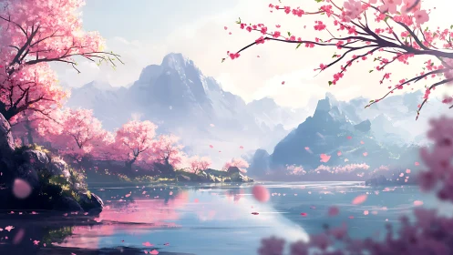 Serene cherry blossom lake reflects distant snowy mountains