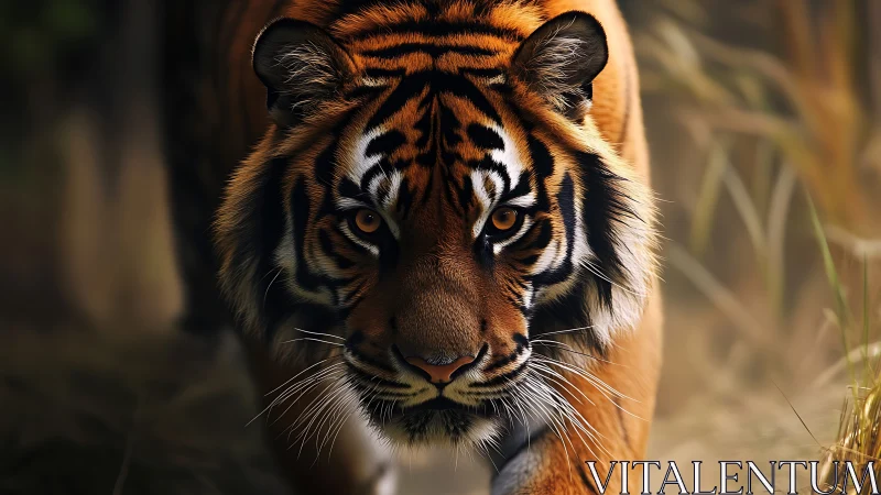 Stalking tiger moves through hazy jungle grass in warm light