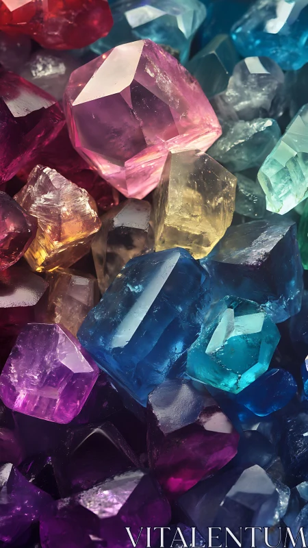 Multicolored faceted crystals form a dense clustered surface