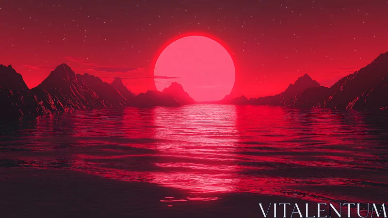 Red sun aligns over reflective water between dark ridges