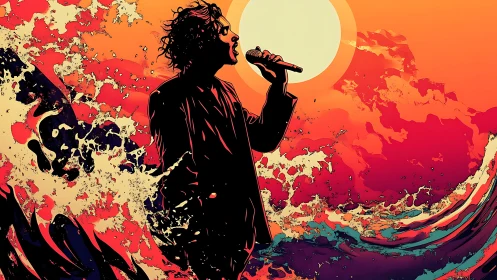 Silhouette vocalist against abstract ocean sunset scene.