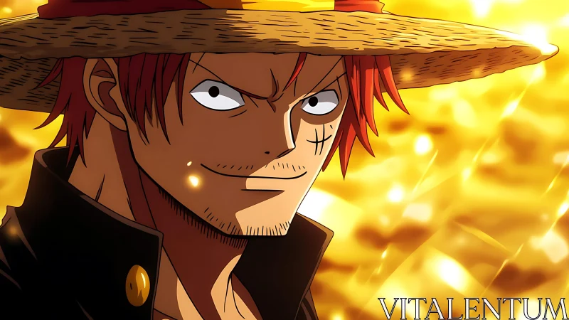 Straw hat anime pirate with fiery golden background.