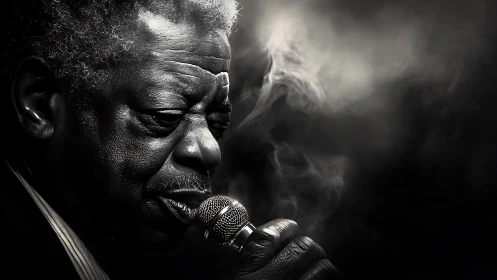 Monochrome close-up captures soulful singer in smoky ambience