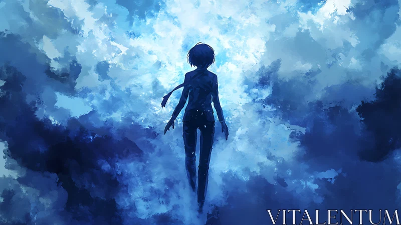 Silhouetted wanderer cuts a bright rift through stormy sky