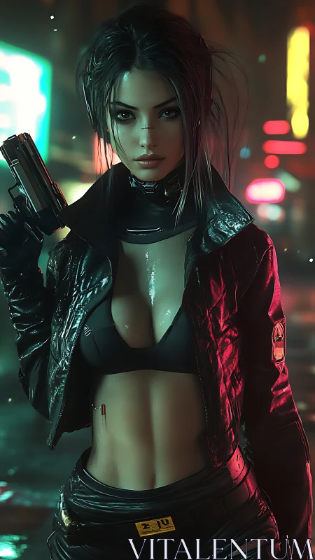 Cyberpunk woman with handgun in neon lit urban alleyway.