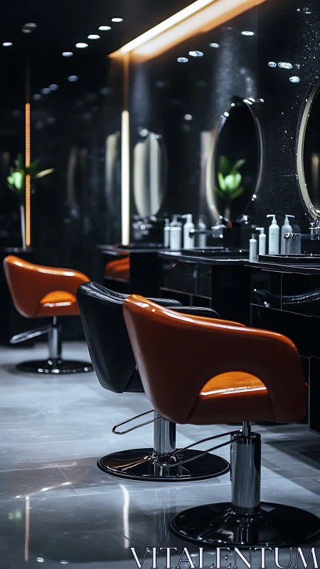 Row of salon chairs stands aligned in a reflective interior