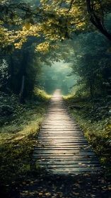 Luminescent Forest Corridor: Wooden Boardwalk Through Verdant Canopy.