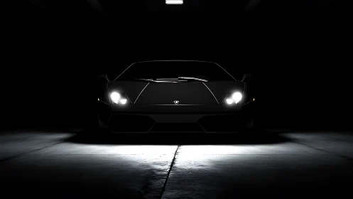 Sleek supercar emerges from darkness in a moody spotlight