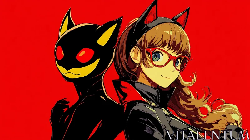 Dual cat‑eared partners posed on vivid crimson backdrop.