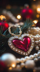 Gleaming red heart ornament rests in festive holiday decor.