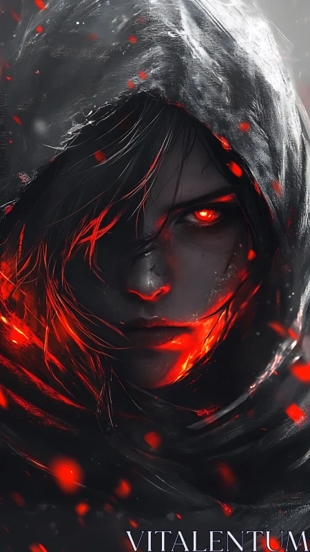 Hooded dark mage glares with burning red ember eyes
