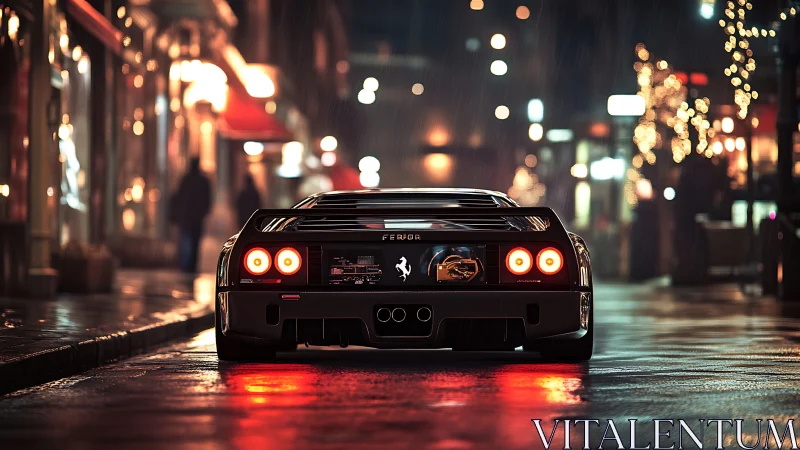 Sports car rear view is shown on wet city street at night