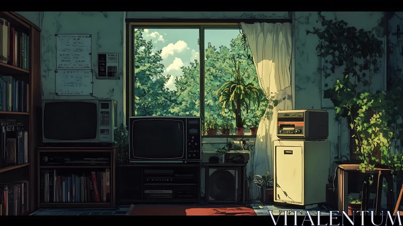 Interior view frames vintage electronics, books and foliage