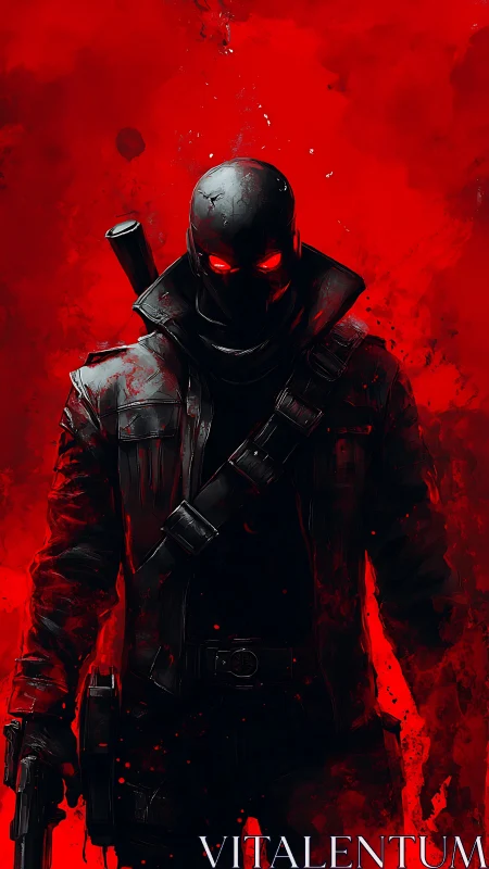 Parametric vigilante in red negative-space combustion field.