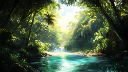 Tropical Jungle Waterfall in Luminous Sunlit Gorge