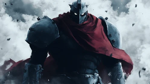 Armored warrior in red cloak emerging from dense smoke.