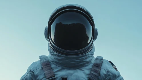 Solitary astronaut silhouette under cyan atmospheric sky.