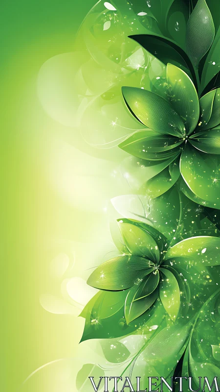 Digital green foliage composition occupies the right side