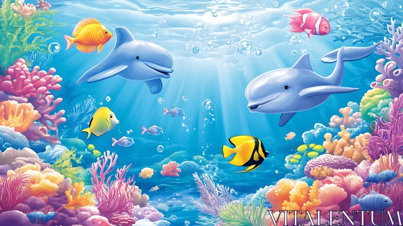 Stylized coral reef scene shows dolphins and tropical fish in clear water