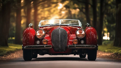 Sunlit red vintage roadster waits calmly on a forest lane