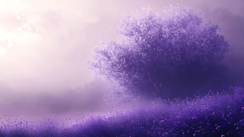 Solitary lavender tree in mist over purple wildflower slope.